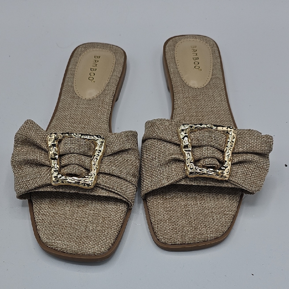 BAMBOO Women's Beige Slide Sandals with Gold Accent